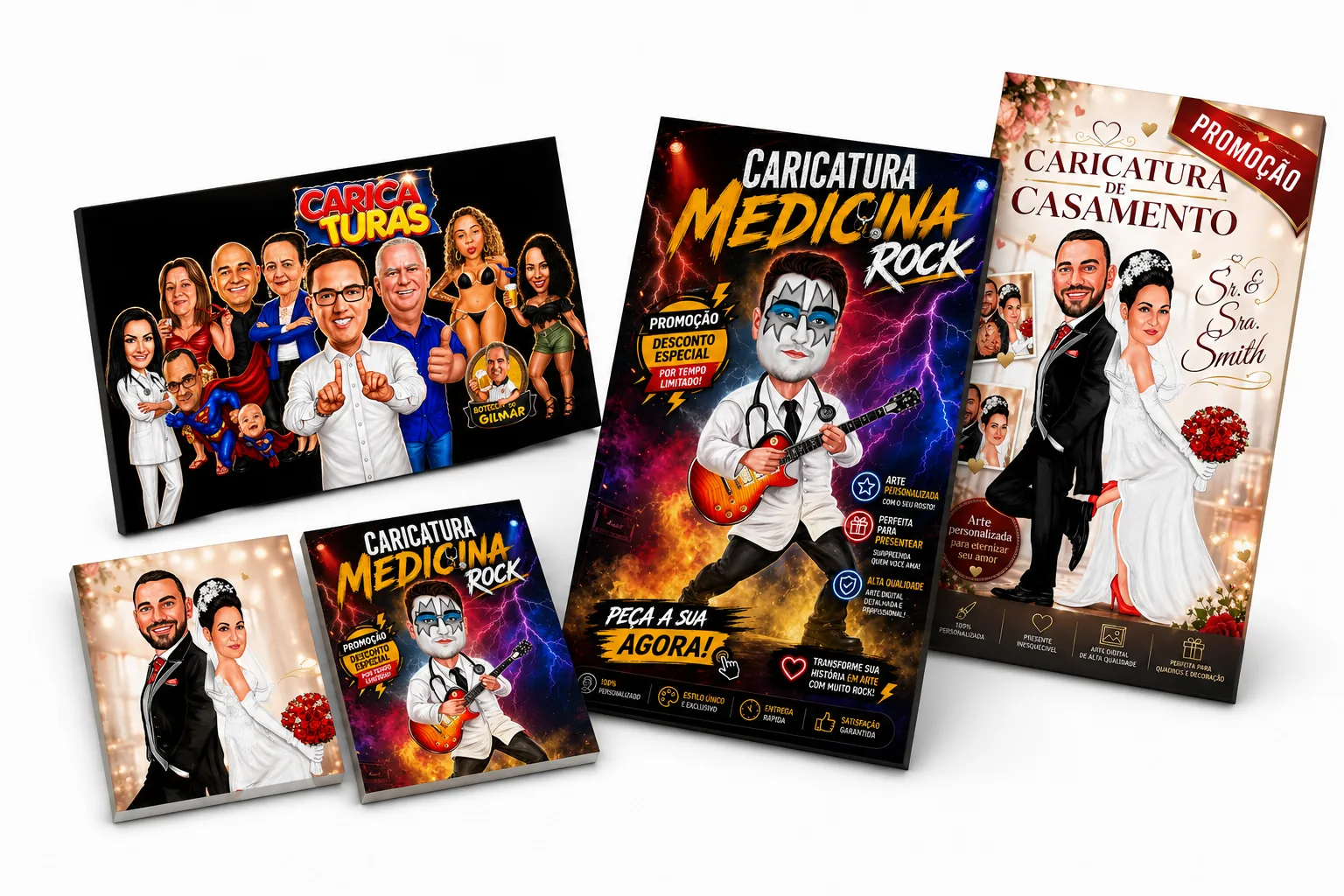 Caricaturas aplicadas em quadros personalizados